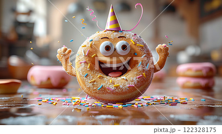 Banner with copy space, donut character mascot, cartoon hero 122328175