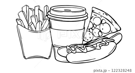Banner Vector illustration of Paper Coffee Cup, French fries, slice of pizza and Hot dog sketch. Hand drawn Street Fast Food outline. Menu design template in Black and White style Decoration for menus 122328248