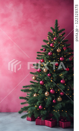Green Christmas tree on soft pink pastel background, banner with copy space 122328378