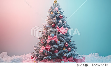Green Christmas tree on soft pink pastel background, banner with copy space Green Christmas tree on soft pink pastel background, banner with copy space 122328416