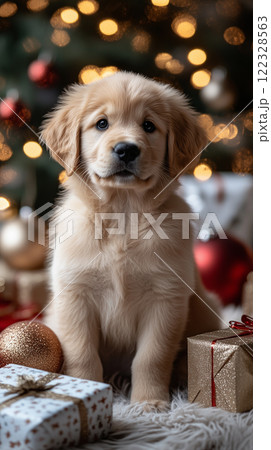 Golden Retriever puppy, dog with gifts and decorations, banner with copy space, Happy New Year and Merry Christmas 122328563