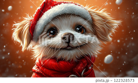 Illustration of dog, puppy in Santa hat, mascot, character, banner with copy space, Happy New Year and Merry Christmas 122328573