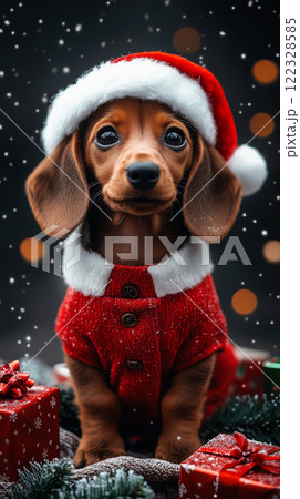 Dachshund puppy with gifts and decorations, banner with copy space, Happy New Year Merry Christmas 122328585