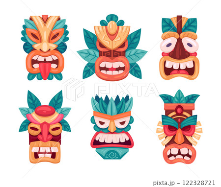 Ceremonial tribal masks. Cartoon african and hawaiian wooden masks, ethnic tiki totems flat vector illustration set. Ritual aztec or african idols 122328721