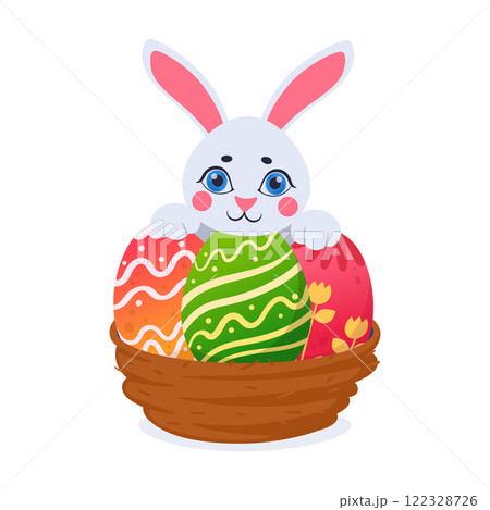 Easter bunny. Spring holiday rabbit hugging painted Easter egg, cute little bunny with colored Easter eggs flat vector illustration. Cartoon Easter holiday symbols Easter bunny. Spring holiday rabbit hugging painted Easter egg, cute little bunny with colored Easter eggs flat vector illustration. Cartoon Easter holiday symbols 122328726