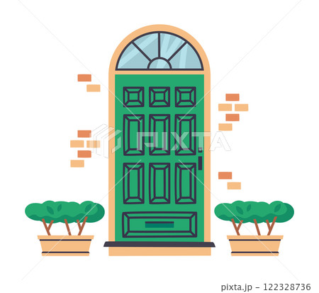 Residential building entrance. Cartoon house front door, home building doorway flat vector illustration. Housing facade closed door 122328736