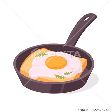 Toast with eggs in pan. Cooked fried eggs with french toast, chicken eggs tasty breakfast flat vector illustration. Cartoon fried eggs dish 122328738