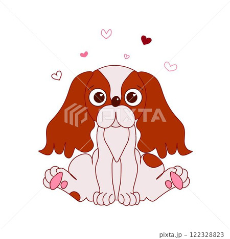 Cavalier king charles  spaniel composition with dog and pink hearts Holiday Vector illustration with mixed-breed dog in one color, graphic line art style, white dog icons, wallpaper 122328823