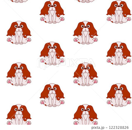 Vector Cavalier king charles spaniel puppy dog seamless pattern. Illustrated funny animal repeated design. Pet background in hand-drawn style. Cute doggy illustration for kids clothes. Vector Cavalier king charles spaniel puppy dog seamless pattern. Illustrated funny animal repeated design. Pet background in hand-drawn style. Cute doggy illustration for kids clothes. 122328826