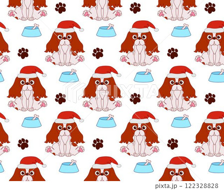 cute graphic line vector dog seamless pattern, Cavalier king charles spaniel in santa hat , dog footstep and bowl with bone background cute graphic line vector dog seamless pattern, Cavalier king charles spaniel in santa hat , dog footstep and bowl with bone background 122328828