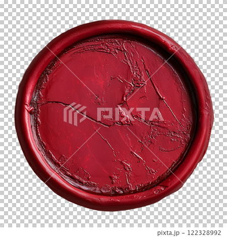 A detailed red wax seal with visible cracks and texture, symbolizing tradition and authenticity on a transparent background. The circular seal design showcases intricate imperfection. 122328992