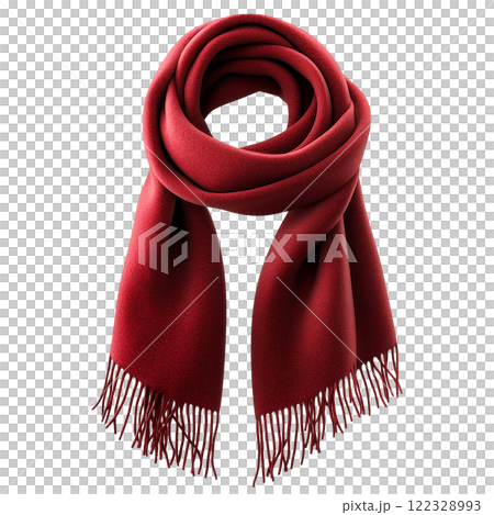 Elegant red scarf with fringes neatly folded and draped, isolated on a transparent background. Close-up of a soft and cozy winter accessory, ideal for seasonal fashion, casual wear, clothing designs 122328993