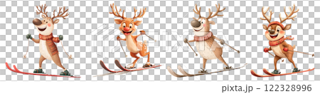 Reindeers skiing on a transparent background. Winter sports, festive reindeers, holiday activities, Christmas fun, seasonal illustrations, winter characters, reindeer design, holiday joy. Reindeers skiing on a transparent background. Winter sports, festive reindeers, holiday activities, Christmas fun, seasonal illustrations, winter characters, reindeer design, holiday joy. 122328996