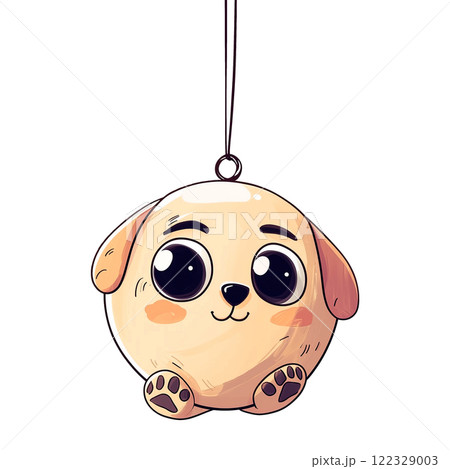 Christmas tree ornament of a cute animal isolated on a transparent background. Watercolor-style illustration of a round beige puppy hanging by a string. Christmas theme. 122329003