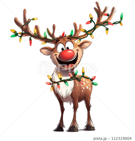 Reindeer with Christmas lights on a transparent background. Festive reindeer, joyful holiday design, Christmas decorations, Rudolph, seasonal art, happy Christmas character, bright decor. Reindeer with Christmas lights on a transparent background. Festive reindeer, joyful holiday design, Christmas decorations, Rudolph, seasonal art, happy Christmas character, bright decor. 122329004