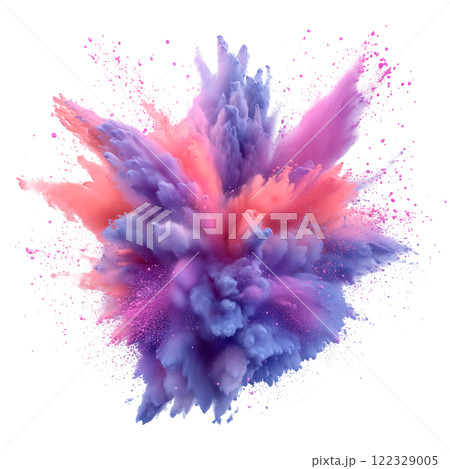 A vibrant explosion of pink and purple powder captured mid-air, creating a dynamic burst of colors with intricate textures and fine particles. The colorful cloud is isolated on transparent background. A vibrant explosion of pink and purple powder captured mid-air, creating a dynamic burst of colors with intricate textures and fine particles. The colorful cloud is isolated on transparent background. 122329005