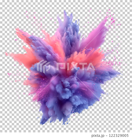 A vibrant explosion of pink and purple powder captured mid-air, creating a dynamic burst of colors with intricate textures and fine particles. The colorful cloud is isolated on transparent background. A vibrant explosion of pink and purple powder captured mid-air, creating a dynamic burst of colors with intricate textures and fine particles. The colorful cloud is isolated on transparent background. 122329005