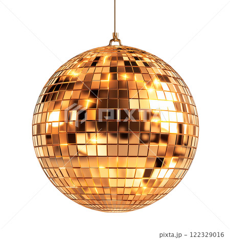Golden disco ball hanging on a wire, isolated on a transparent background. Close-up of a reflective spherical party decoration with mirrored tiles, ideal for events, dance floors, and festive designs. 122329016