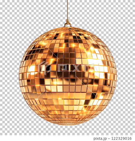 Golden disco ball hanging on a wire, isolated on a transparent background. Close-up of a reflective spherical party decoration with mirrored tiles, ideal for events, dance floors, and festive designs. 122329016