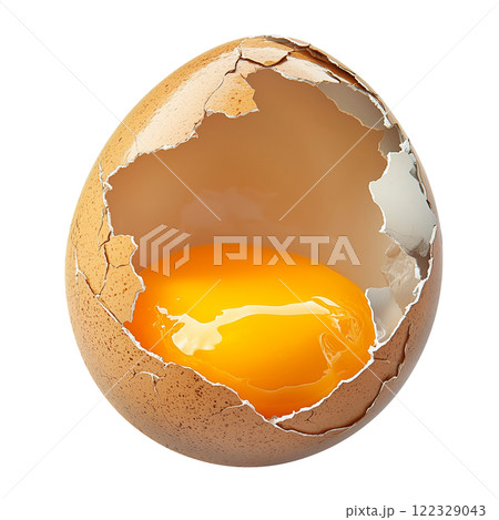 A close-up of a cracked brown egg, showcasing its raw golden yolk inside. The delicate broken shell reveals intricate textures and a vibrant, glossy yolk, isolated on a transparent background A close-up of a cracked brown egg, showcasing its raw golden yolk inside. The delicate broken shell reveals intricate textures and a vibrant, glossy yolk, isolated on a transparent background 122329043