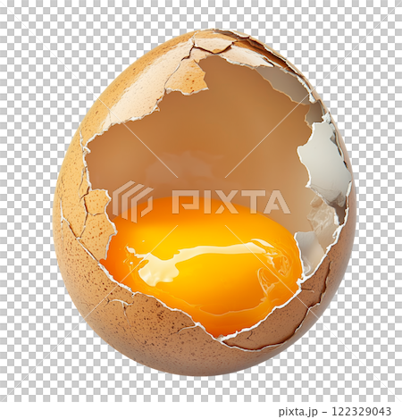 A close-up of a cracked brown egg, showcasing its raw golden yolk inside. The delicate broken shell reveals intricate textures and a vibrant, glossy yolk, isolated on a transparent background A close-up of a cracked brown egg, showcasing its raw golden yolk inside. The delicate broken shell reveals intricate textures and a vibrant, glossy yolk, isolated on a transparent background 122329043