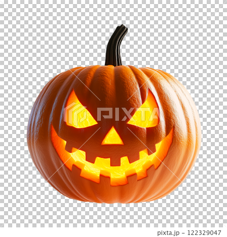 A glowing Halloween pumpkin with a jack-o-lantern design on a transparent background. Featuring a face and a wide, toothy grin. The vibrant orange surface is illuminated from within, casting a warm. 122329047