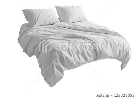 Modern double bed with white bedding and two pillows isolated on a transparent background. Close-up of a neatly arranged bed, ideal for bedroom design, furniture catalogs, or interior decor concepts. 122329053
