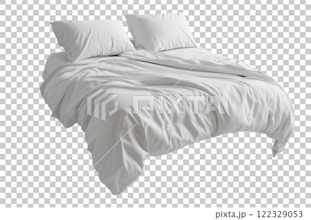 Modern double bed with white bedding and two pillows isolated on a transparent background. Close-up of a neatly arranged bed, ideal for bedroom design, furniture catalogs, or interior decor concepts. 122329053