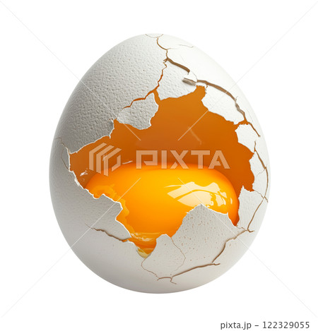 A close-up of a cracked brown egg, showcasing its raw golden yolk inside. The delicate broken shell reveals intricate textures and a vibrant, glossy yolk, isolated on a transparent background A close-up of a cracked brown egg, showcasing its raw golden yolk inside. The delicate broken shell reveals intricate textures and a vibrant, glossy yolk, isolated on a transparent background 122329055