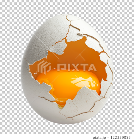A close-up of a cracked brown egg, showcasing its raw golden yolk inside. The delicate broken shell reveals intricate textures and a vibrant, glossy yolk, isolated on a transparent background A close-up of a cracked brown egg, showcasing its raw golden yolk inside. The delicate broken shell reveals intricate textures and a vibrant, glossy yolk, isolated on a transparent background 122329055