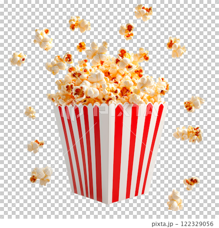 Popcorn flying around a red and white striped box, isolated on a transparent background. Close-up of a dynamic snack concept, ideal for food designs, movie themes, or entertainment projects. Popcorn flying around a red and white striped box, isolated on a transparent background. Close-up of a dynamic snack concept, ideal for food designs, movie themes, or entertainment projects. 122329056