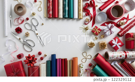 A festive scene featuring pile of gifts wrapped 122329112