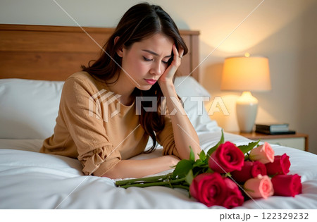 Disappointed woman sitting in bed, she is not happy that she was given only flowers, bouquet of roses lying nearby. Sad holiday Disappointed woman sitting in bed, she is not happy that she was given only flowers, bouquet of roses lying nearby. Sad holiday 122329232