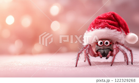 Spider in Santa hat, pink background, banner with copy space, Happy New Year and Merry Christmas 122329268