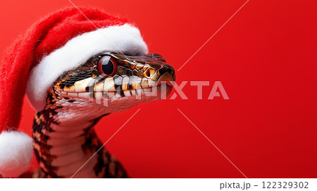 Snake in Santa hat, zodiac symbol, Chinese calendar, red background, banner copy space, Happy New Year Merry Christmas 122329302
