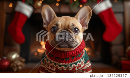 French Bulldog puppy, dog with gifts and decorations, banner with copy space, Happy New Year and Merry Christmas 122329337