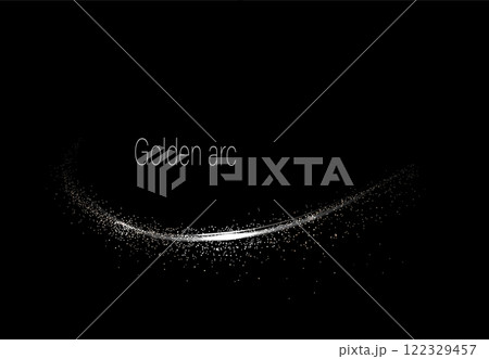Isolated abstract golden arc with tinsel on black background, design component 122329457