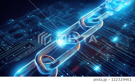 glowing blockchain chain link symbolizes secure transactions and connectivity in digital technology. vibrant blue light represents innovation and progress in blockchain industry glowing blockchain chain link symbolizes secure transactions and connectivity in digital technology. vibrant blue light represents innovation and progress in blockchain industry 122329461