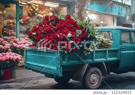 Vintage truck with vibrant red roses near flower market 122329915