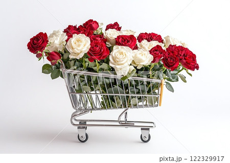 Shopping cart with red and white roses on white background 122329917
