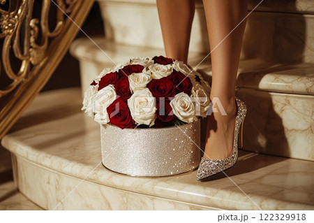 A luxurious bouquet of red and white roses is in a decorative gift box 122329918
