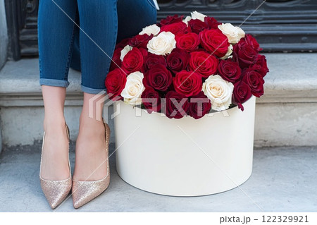 A luxurious bouquet of red and white roses, gift box 122329921