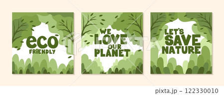Green background. Eco Earth Day. Abstract organic elements. Spring plant leaves. Save planet poster. Ecology friendly. Tree foliage. Motivation phrases. Vector design square cards set Green background. Eco Earth Day. Abstract organic elements. Spring plant leaves. Save planet poster. Ecology friendly. Tree foliage. Motivation phrases. Vector design square cards set 122330010