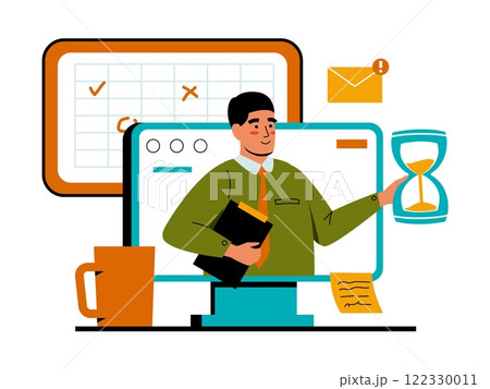 Time management. Business schedule. Manager planning tasks and goals. Deadline calendar. Hourglass clock. Office computer. Timetable productivity. Efficiency businessman. Vector concept Time management. Business schedule. Manager planning tasks and goals. Deadline calendar. Hourglass clock. Office computer. Timetable productivity. Efficiency businessman. Vector concept 122330011