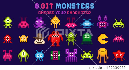 8 bit game icons. Pixel monster for computer video retro art. Funny alien creature background. Creepy animal or spaceship. UFO beast. Galaxy demon. Color pixelated geek icons vector set 8 bit game icons. Pixel monster for computer video retro art. Funny alien creature background. Creepy animal or spaceship. UFO beast. Galaxy demon. Color pixelated geek icons vector set 122330032