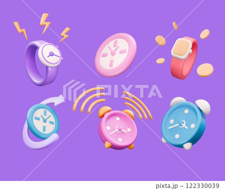 3D time. Clock icon. Fast delivery. Render timepiece. Deadline date. Arrow for alarm process of customer service. Hours countdown. Stopwatch and plastic wristwatch. Vector symbols set 122330039