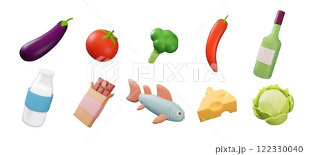 3D food icons. Cooking ingredients. Vegetable and grocery. Milk bottle. Salmon fish. Fresh fruit. Chocolate and cheese in supermarket shop. Meat and broccoli. Vector render products set 3D food icons. Cooking ingredients. Vegetable and grocery. Milk bottle. Salmon fish. Fresh fruit. Chocolate and cheese in supermarket shop. Meat and broccoli. Vector render products set 122330040