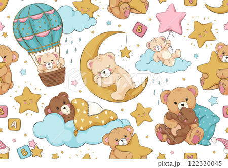 Cute bears sleep seamless pattern. Sky cloud. Childish moon or stars. Scandinavian repeated print. Dreaming animal. Nordic nursery. Doodle fabric art. Pillow and balloon. Vector background 122330045