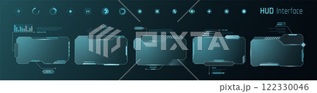HUD frame. Tech screen interface. Game box infographic or window with text template. Hologram dashboard. Futuristic target or viewfinder. Interactive panel. Vector cyber elements set 122330046