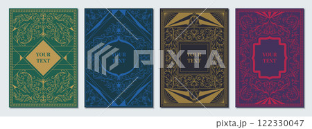 Floral cover. Ornament frame. Wedding poster. Flower line motif. Old retro pattern. Elegant antique card border. Classic title. Filigree leaves. Premium sticker. Vector backgrounds set 122330047